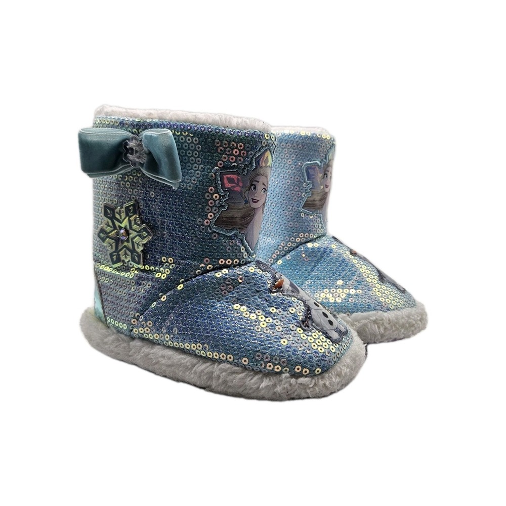 *Disney Frozen Blue Sequined Toddler Girls Slipper Booties Elsa Olaf Sizes 7/8*‎